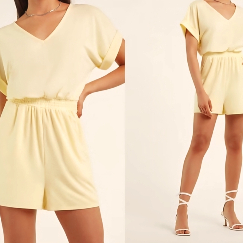 Express Light Yellow V-Neck Romper, XL